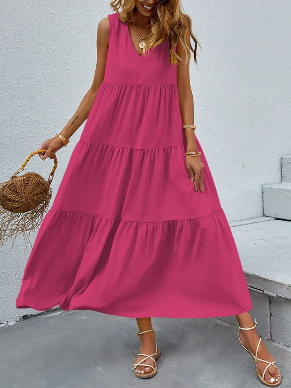 FAM-FAM Tiered V-Neck Sleeveless Dress Hot Pink - Fashorio
