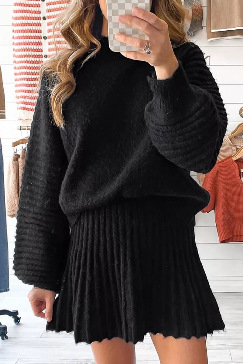 Black round neck knit top and skirt sweater set