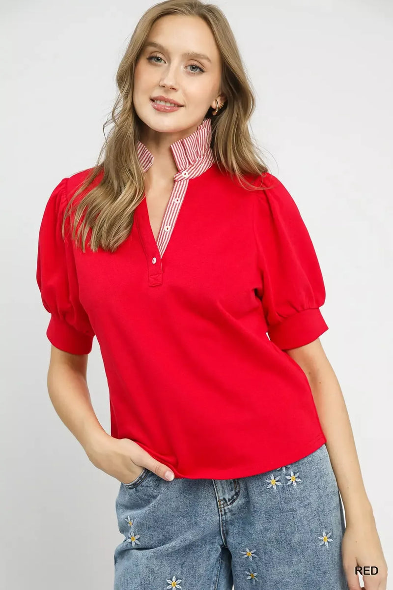Umgee red striped collar popover top, front view