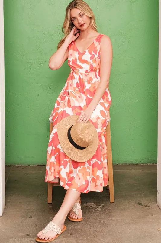 Sleeveless Floral Print V Neck Midi Dress close up