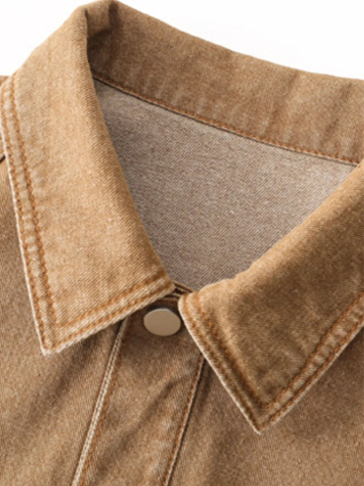 Button Up Denim Jacket in Khaki on model