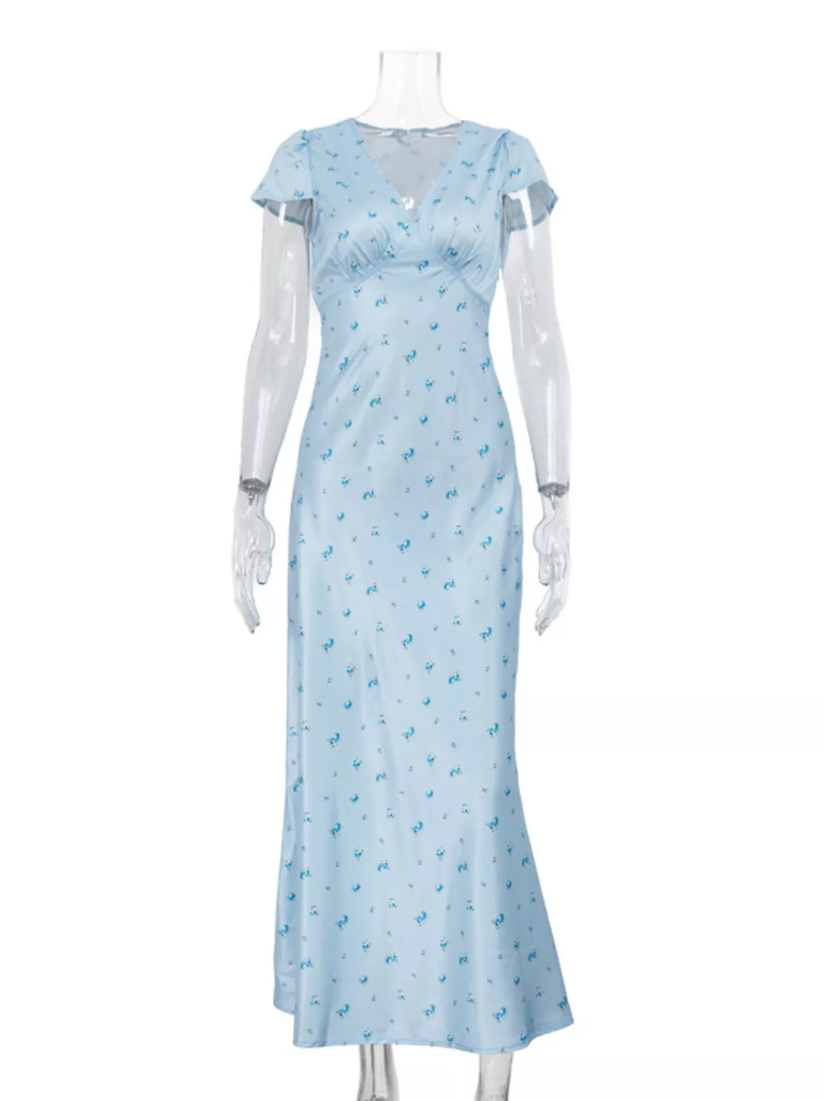 Cap sleeve detail on the light blue maxi dress
