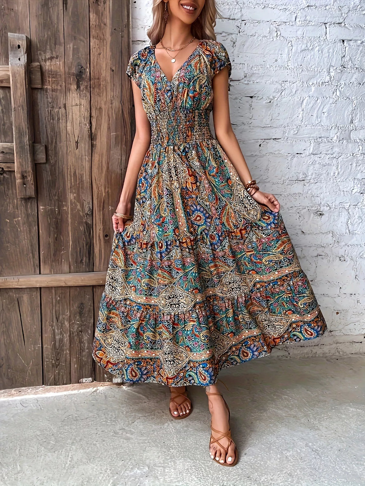 Paisley print cap sleeve tiered maxi dress front view