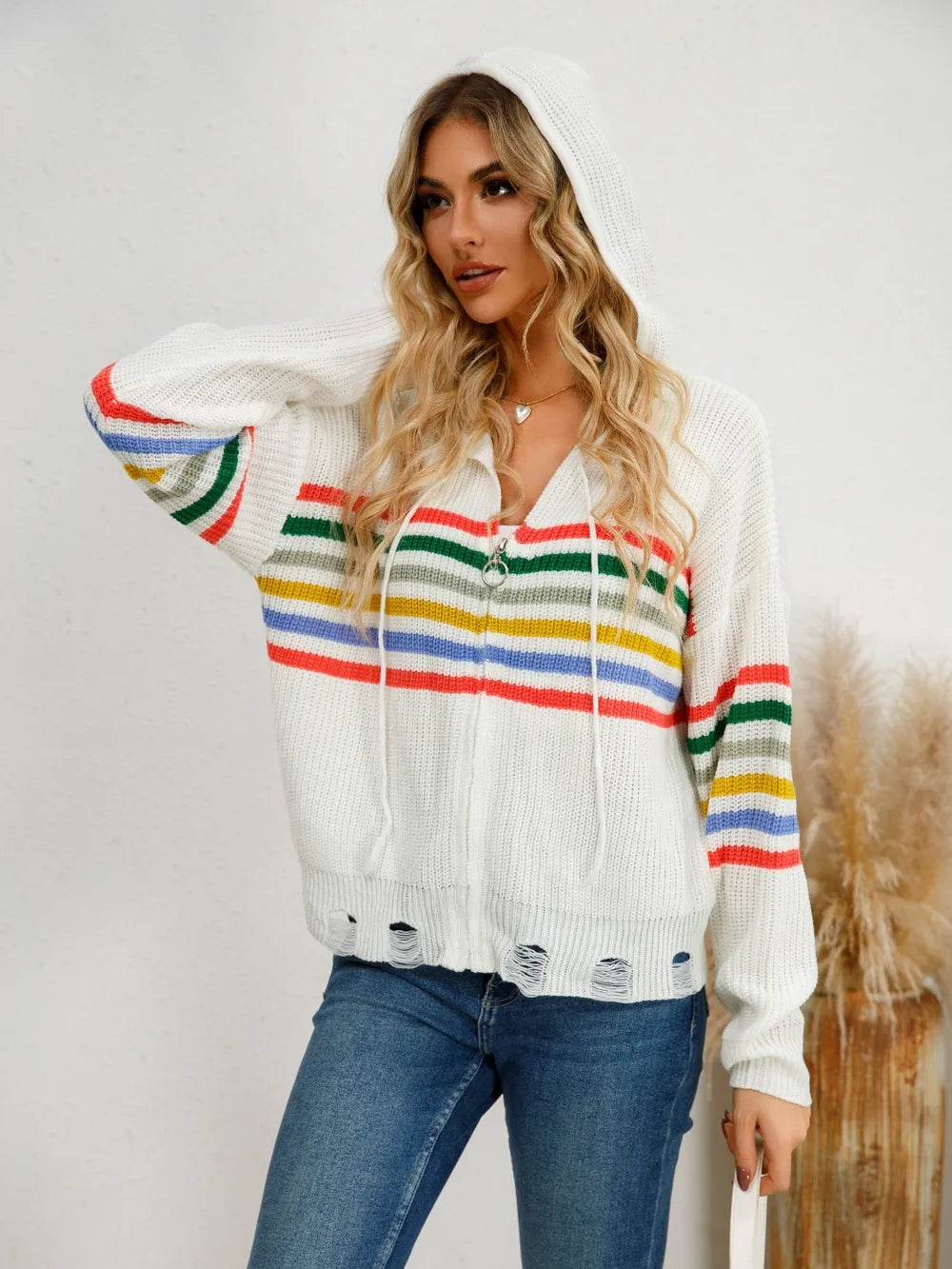 Drawstring Striped Dropped Shoulder Hooded Cardigan - Fashorio