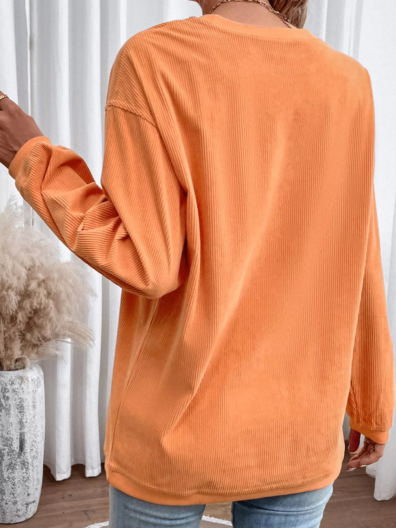 Halloween Sequined Pumpkin Ribbed Round Neck Sweatshirt - Fashorio
