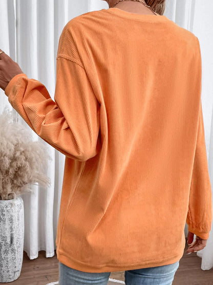 Halloween Sequined Pumpkin Ribbed Round Neck Sweatshirt - Fashorio