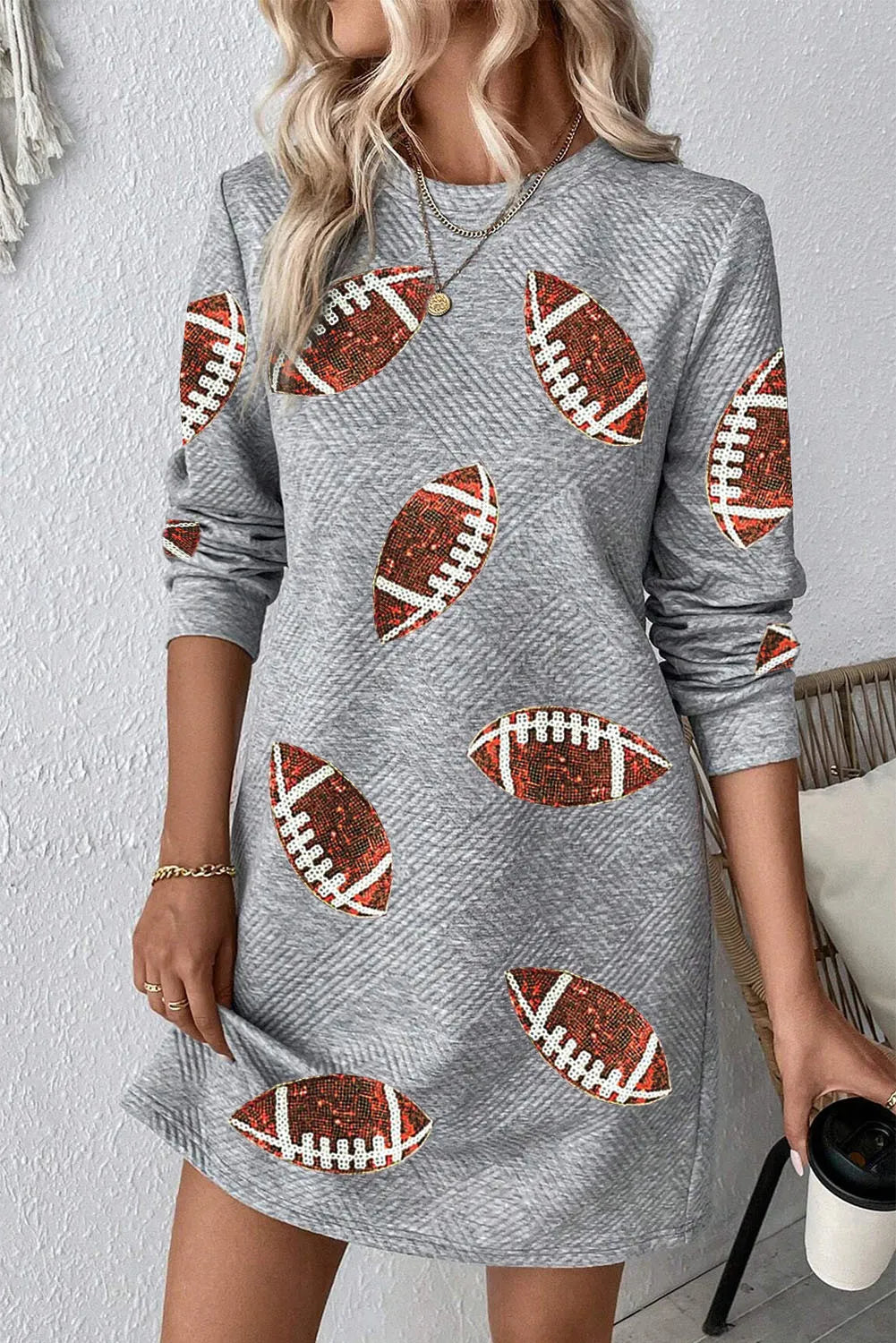 Sequin Football Long Sleeve Mini Dress in Gray