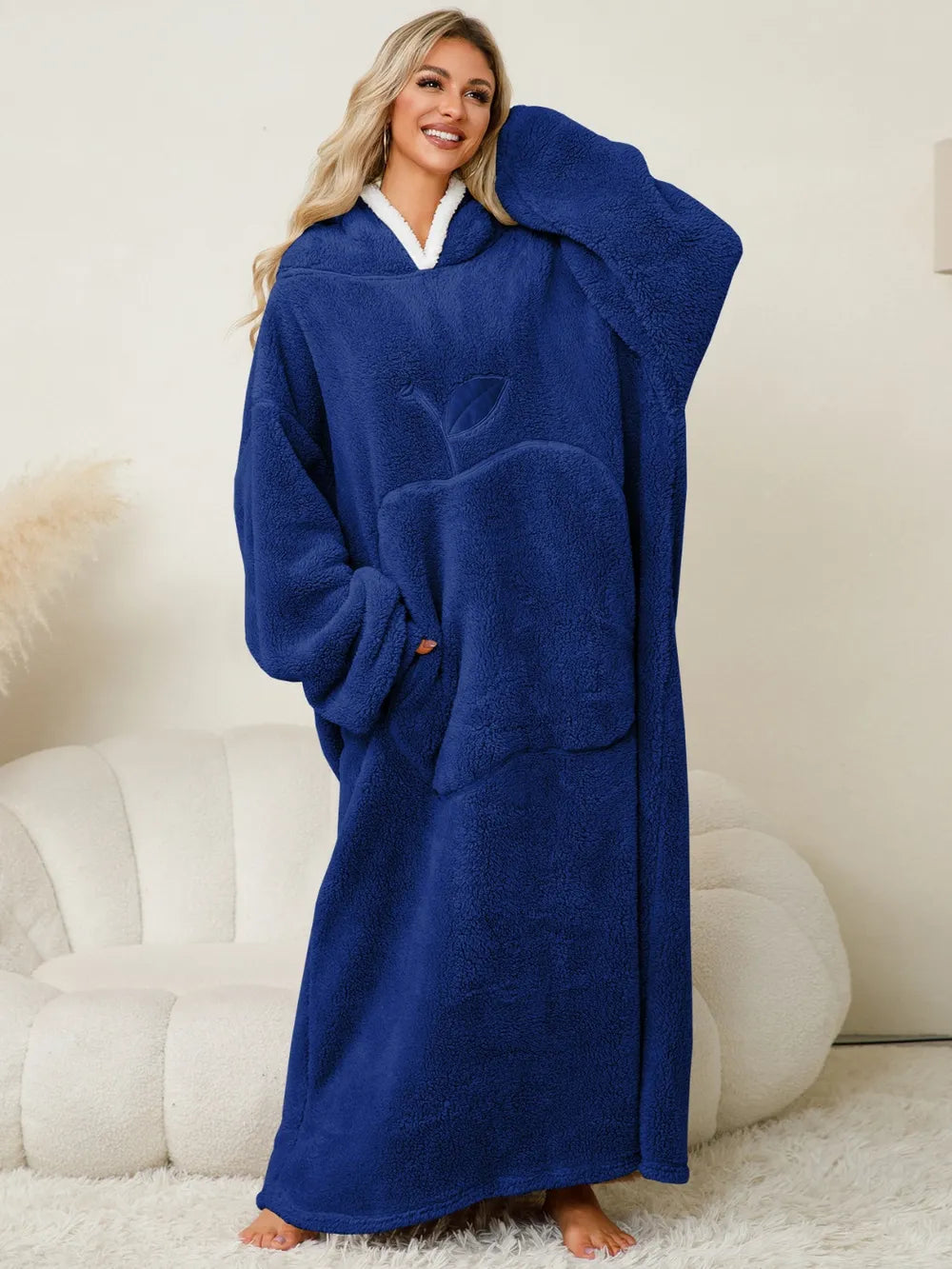 Pocketed Contrast Long Sleeve Hooded Lounge Dress Navy One Size - Fashorio