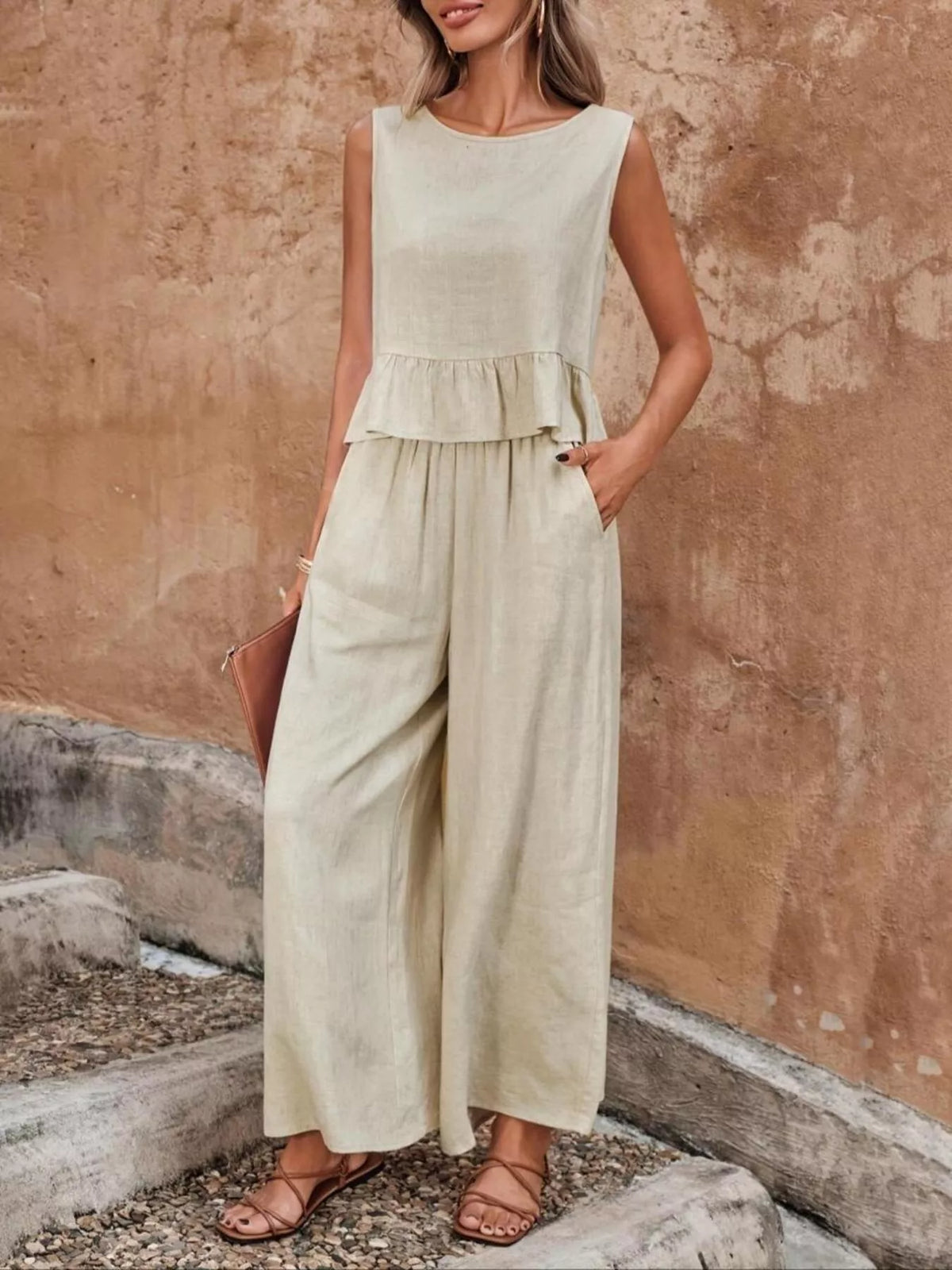 Sleeveless ruffle hem top and wide leg pants set front view