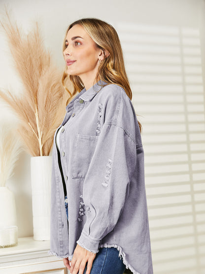 Distressed Raw Hem Denim Jacket - Fashorio