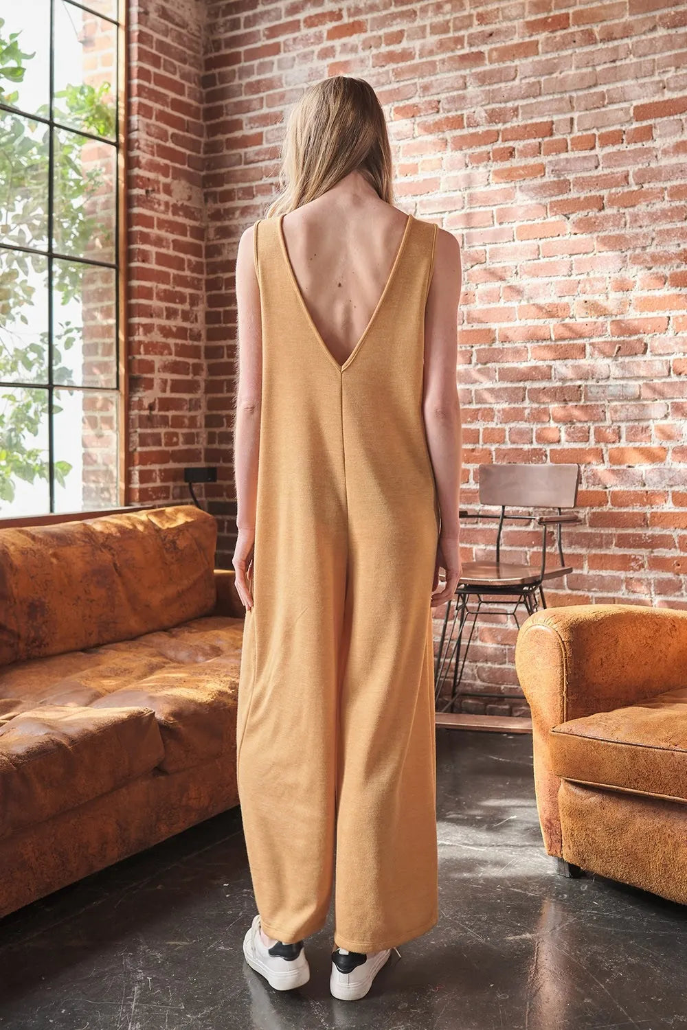 V Neck Sleeveless Wide Leg Jumpsuit back view