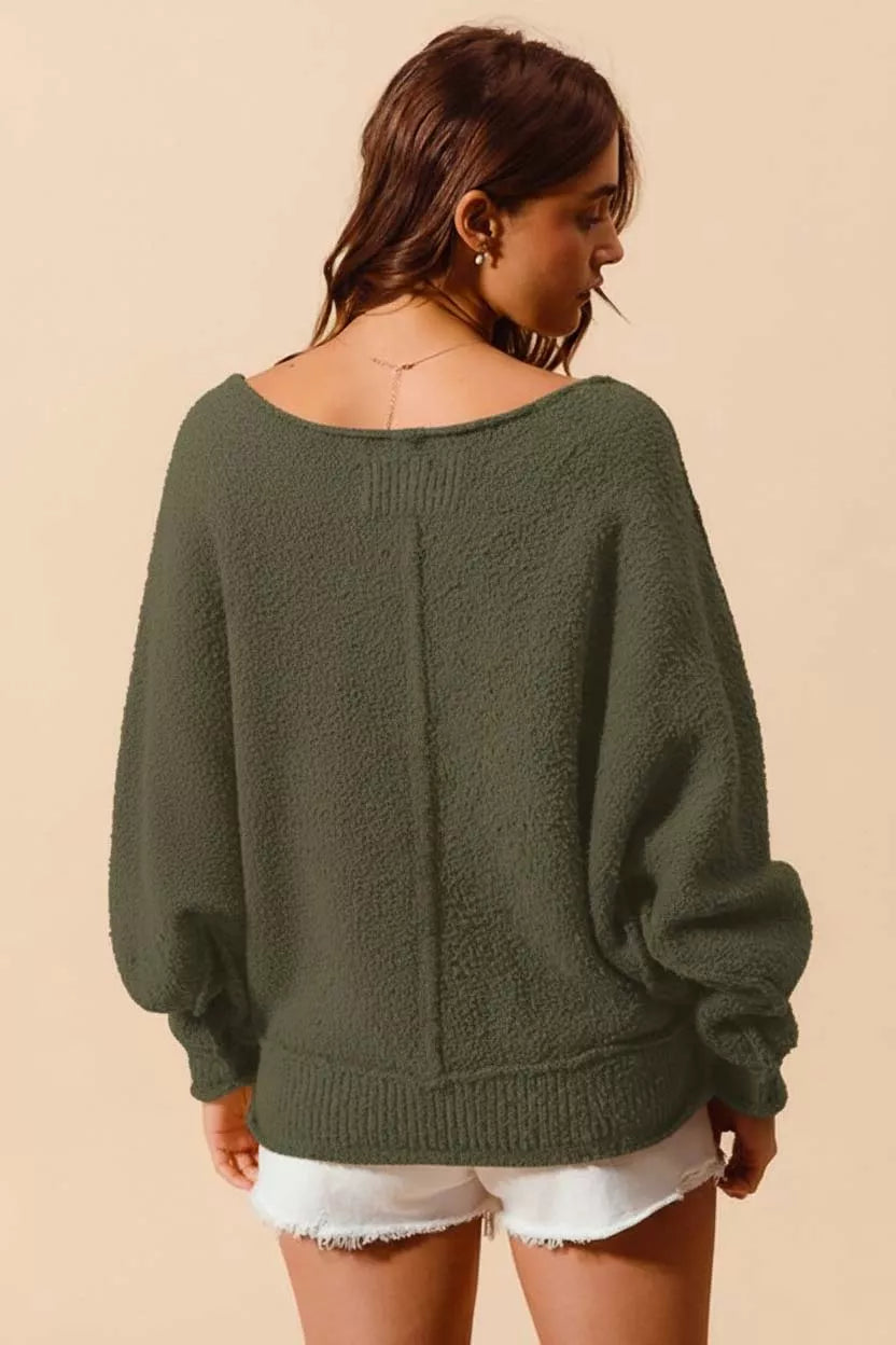 Slouchy Boucle Exposed Seam Sweater in Olive side view