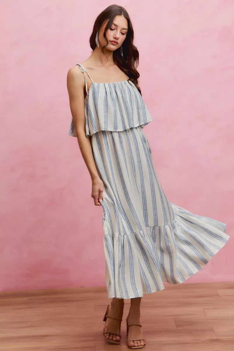 White and blue striped tiered midi dress with shoulder ties front view