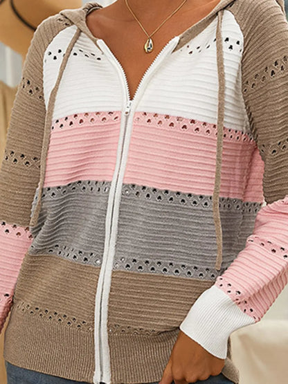 Color Block Drawstring Hooded Sweater - Fashorio