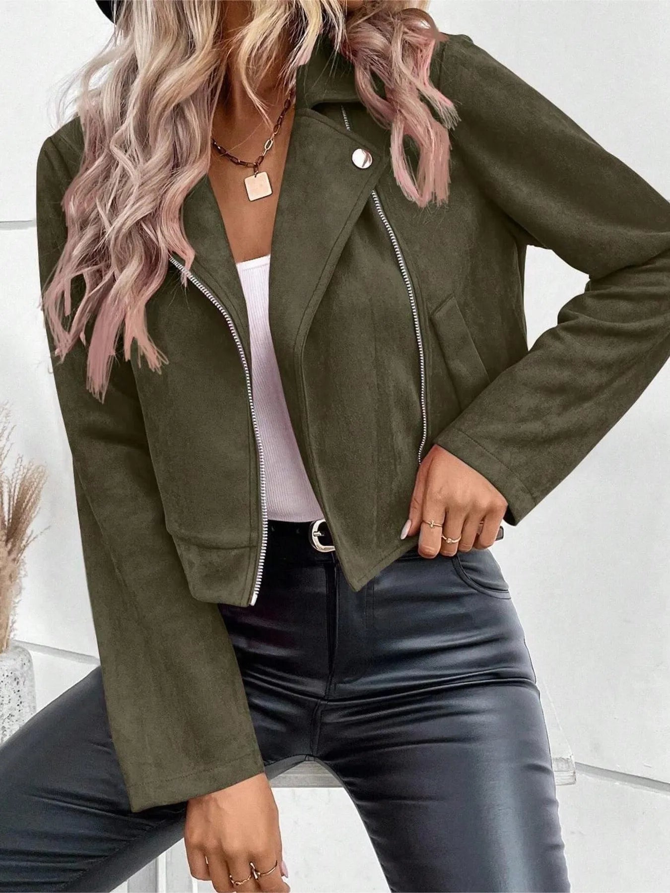 Zip Up Suede Cropped Moto Jacket - Fashorio