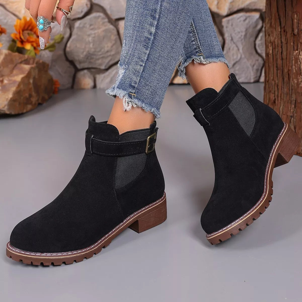 Round toe block heel boots back heel view