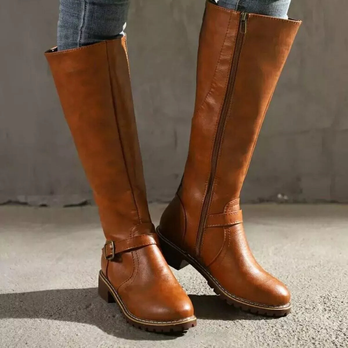 Round Toe Low Block Heel Boots sole and tread view