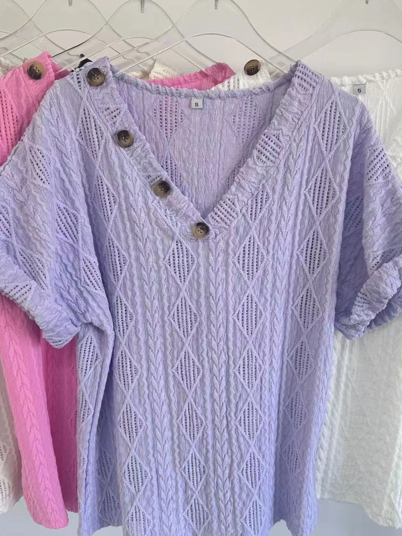 Textured V-Neck Short Sleeve Top Purple - Fashorio
