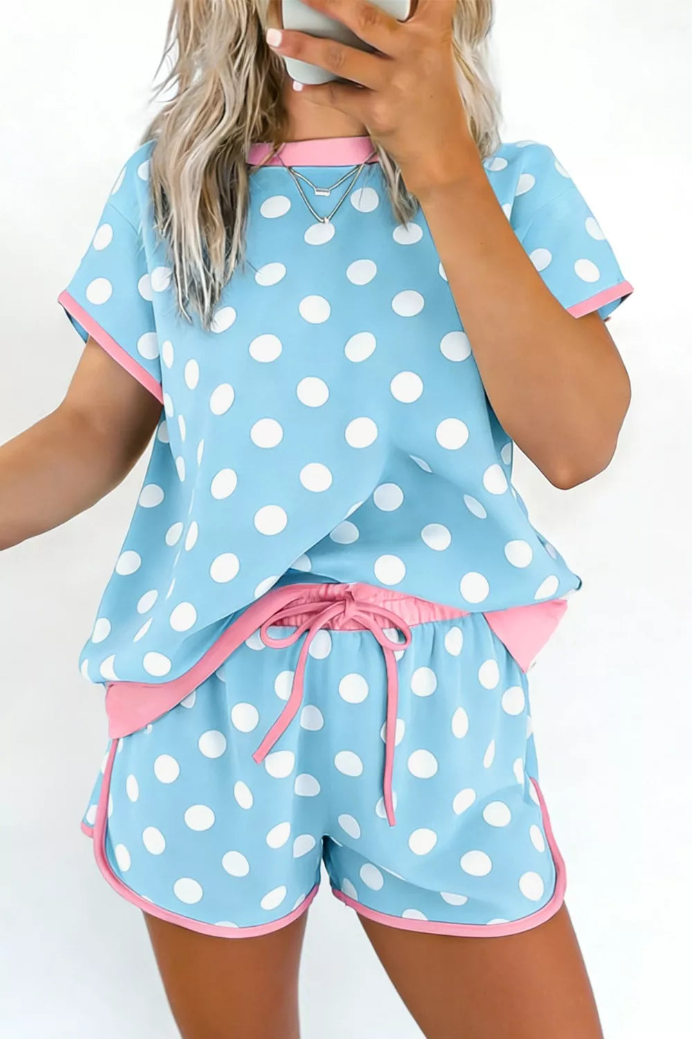 Polka dot contrast trim top and shorts set front view