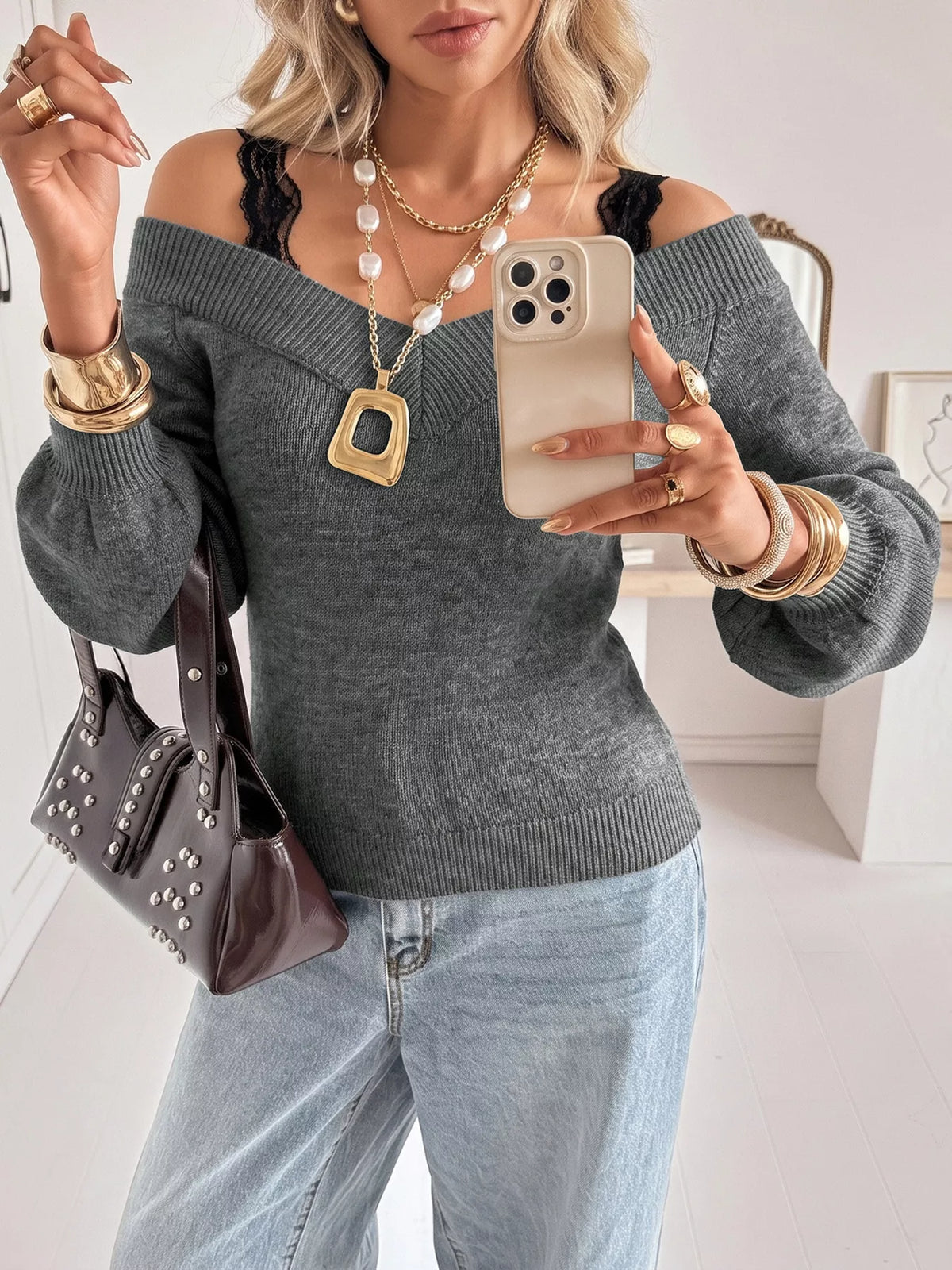 Lace Trim Off Shoulder Sweater side view