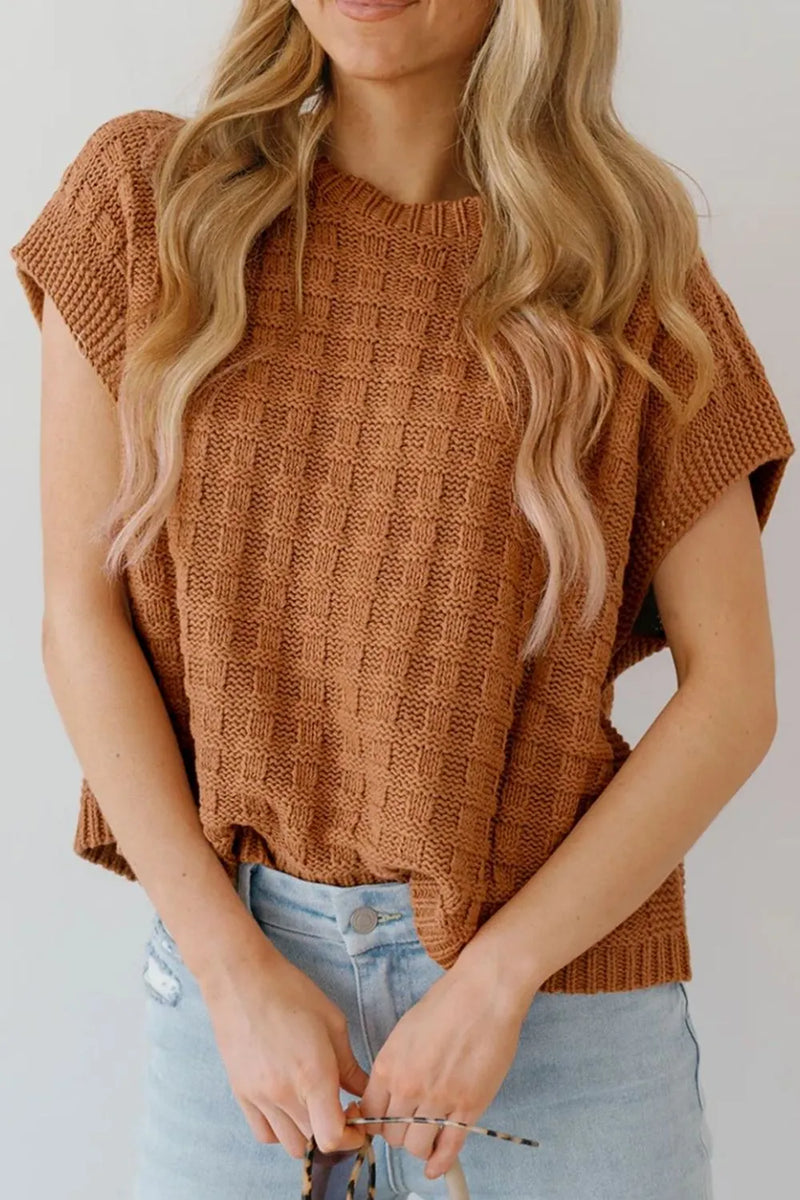 Round Neck Cap Sleeve Sweater Vest in Camel