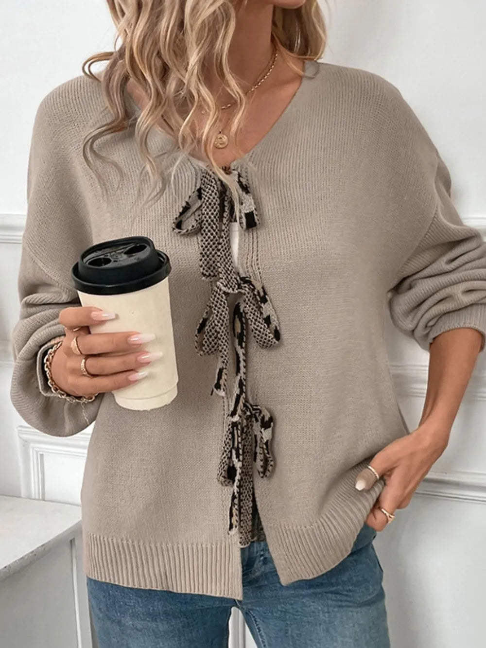 Perfee Tied Contrast Heart V-Neck Long Sleeve Cardigan - Fashorio