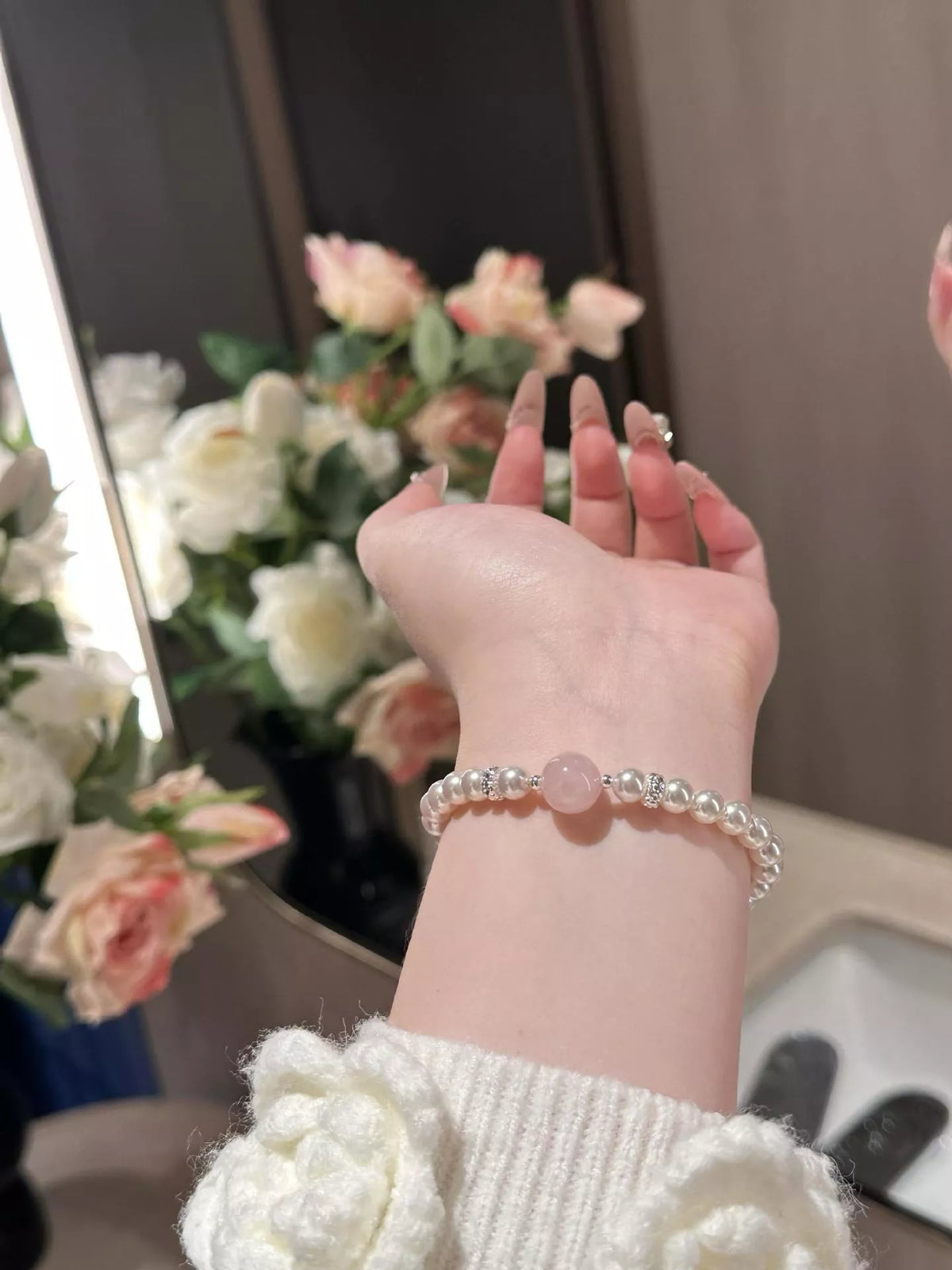 Blush pink pearl and crystal bracelet side view