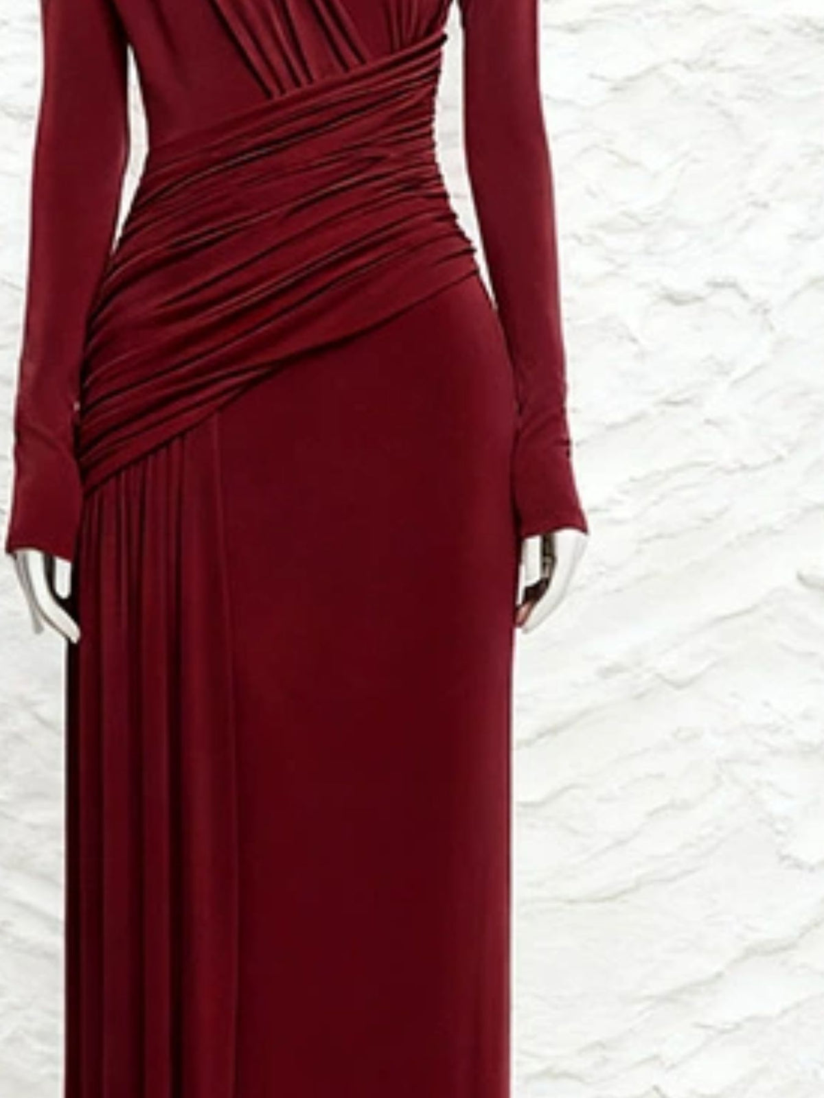 Ruched long sleeve maxi dress, three quarter view
