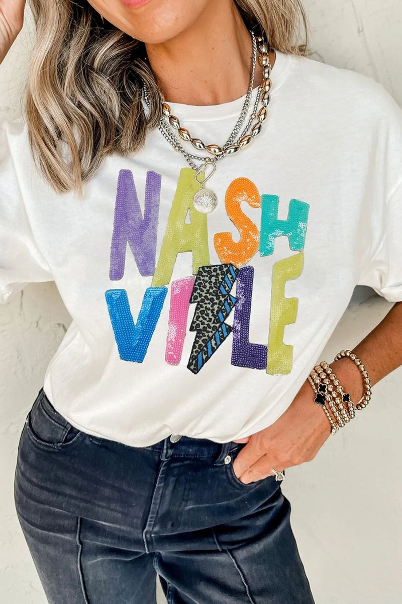Nashville lightning sequin graphic tee white front view