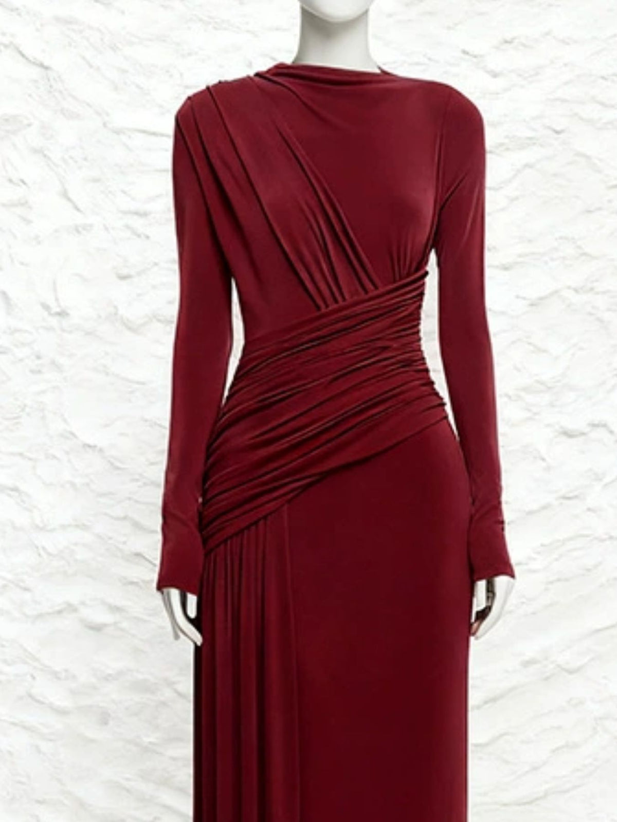 Ruched long sleeve maxi dress, shoulder and bodice detail