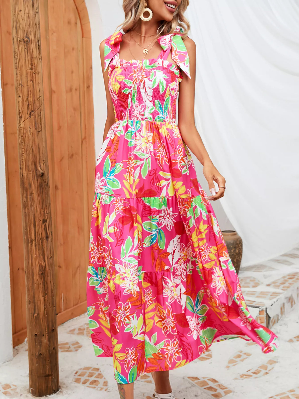 Tropical print smocked tie strap dress full length view