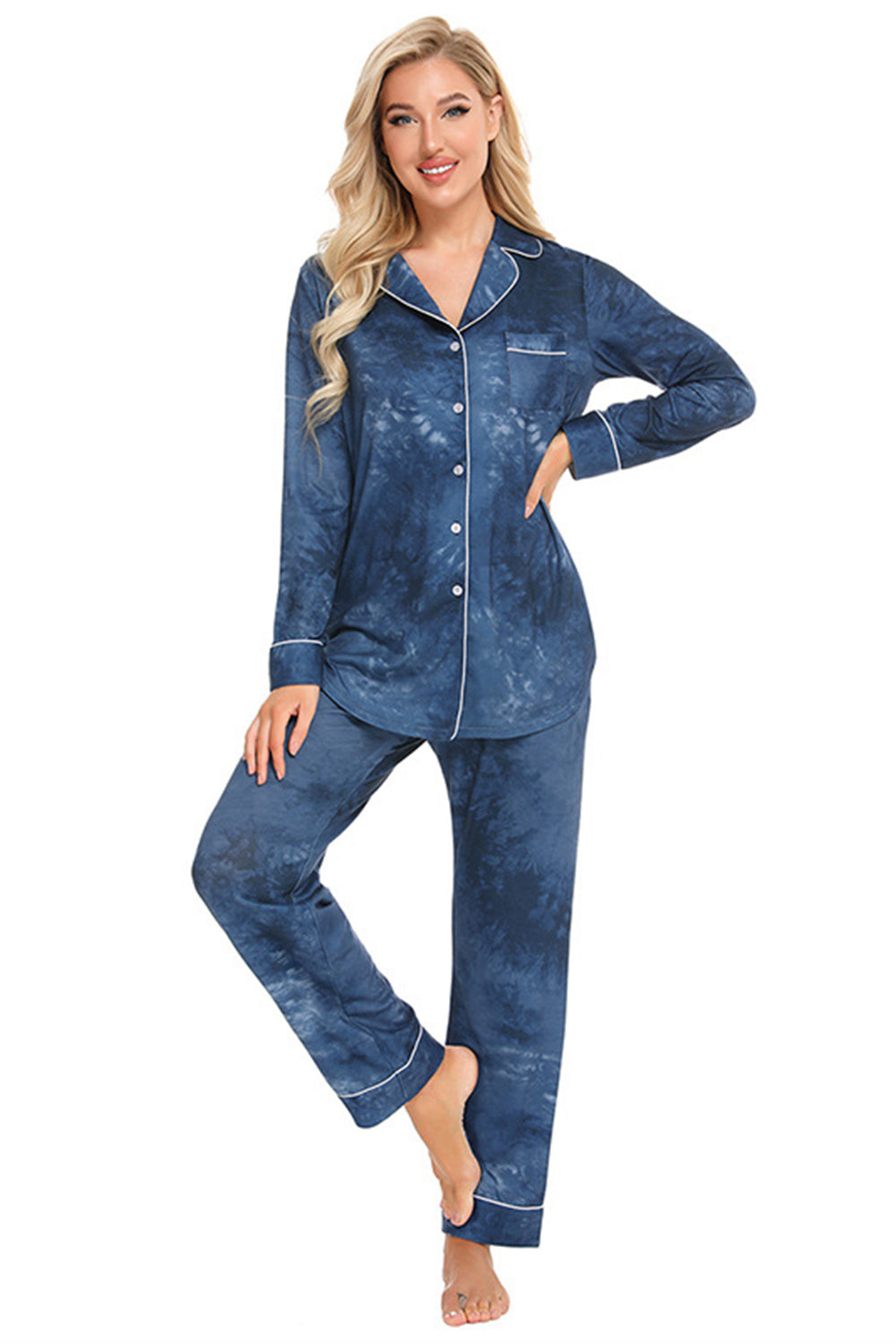 Collared Neck Long Sleeve Loungewear Set with Pockets - Fashorio