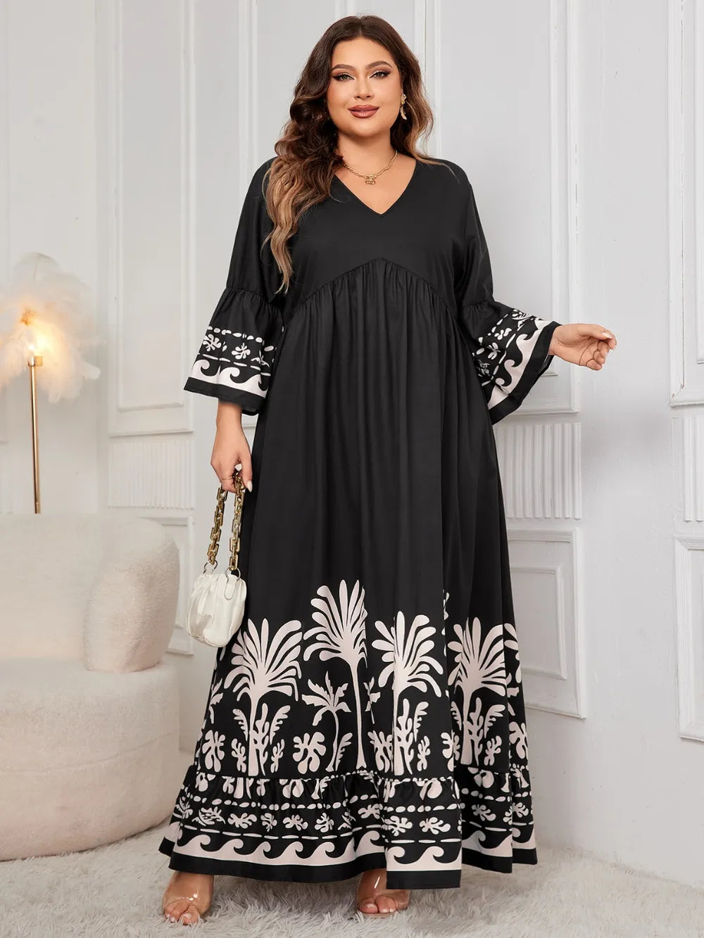 Black printed V neck long sleeve plus size maxi dress back view