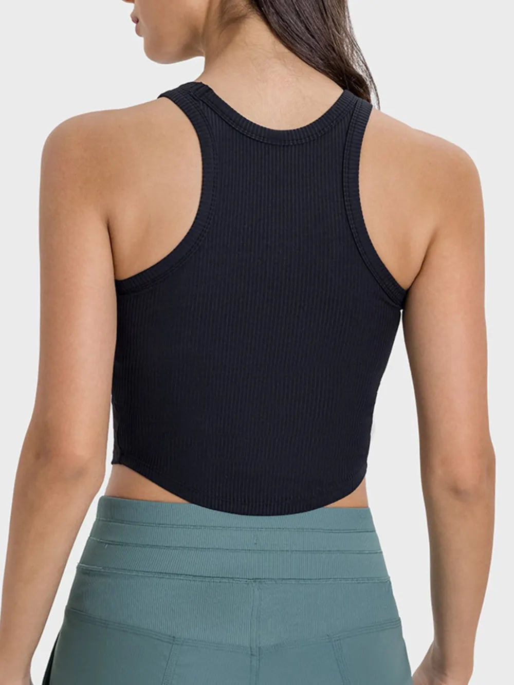 Round neck racerback active tank styled view