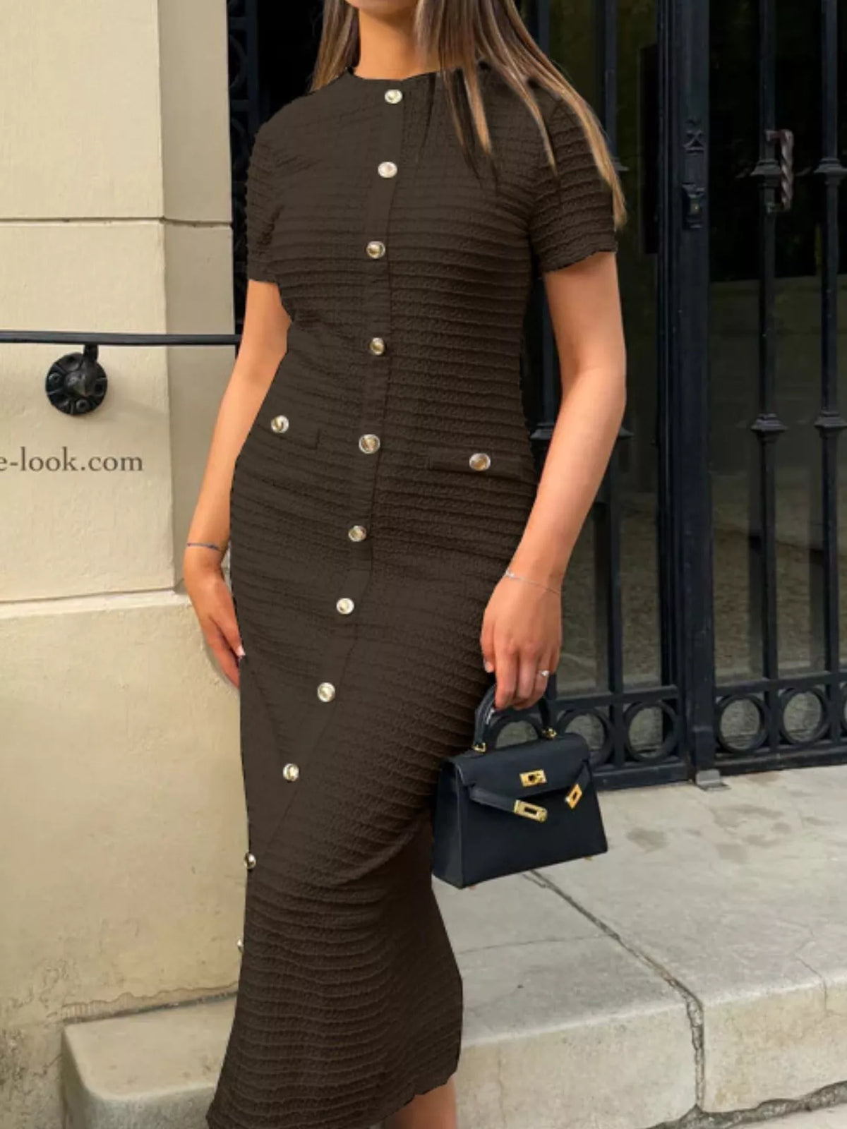 Textured short sleeve dress in dark brown front view