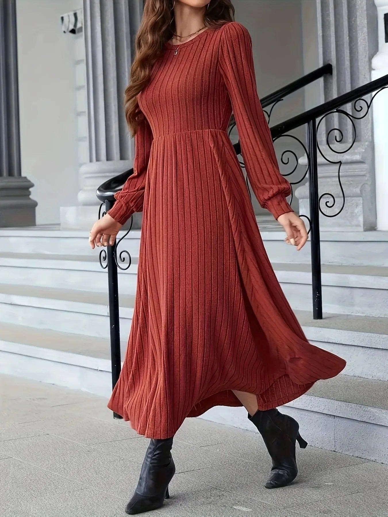 Ribbed Long Sleeve Sweater Dress - Fashorio