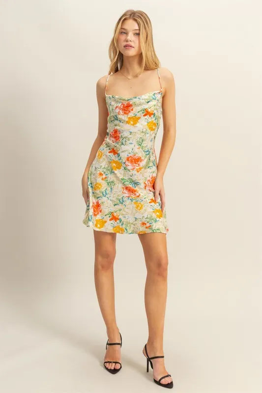 Floral Cowl Neck Flirty Satin Mini Dress detail