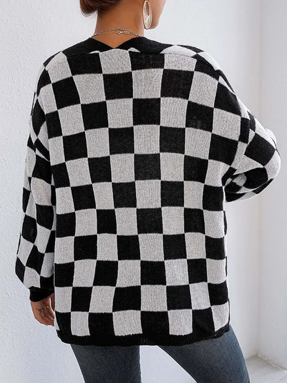 Checkered Open Front Long Sleeve Cardigan - Fashorio