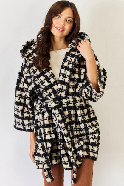 J.NNA Fuzzy Plaid Waist Tie Hooded Robe Cardigan - Fashorio