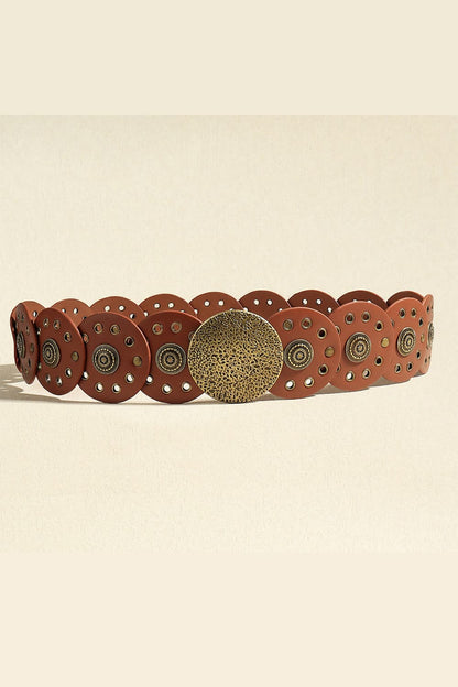 Round Shape PU Leather Belt Brown Style B One Size - Fashorio