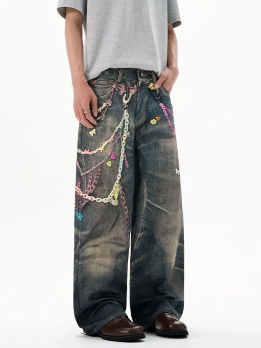 Men's Printed Washed Distressed Wide Leg Jeans Blue - Fashorio