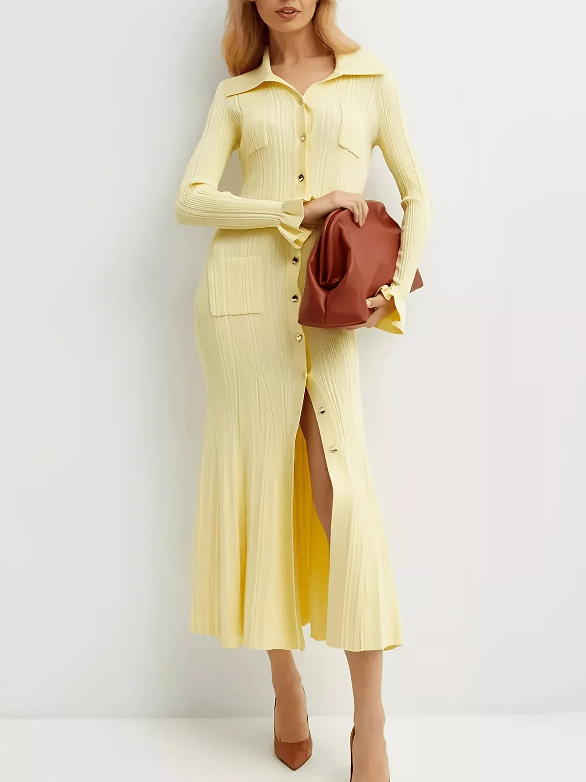 Flounce sleeve knit dress sleeve detail