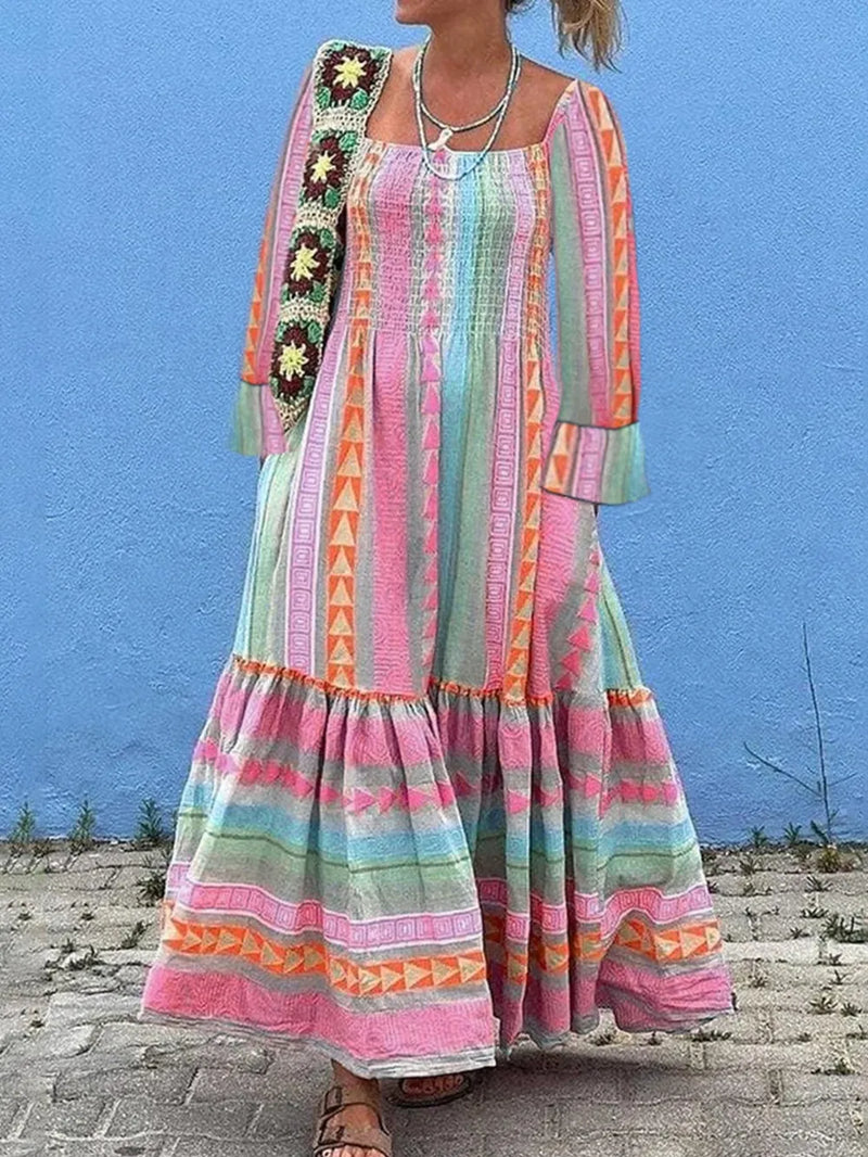 Blush pink striped ruffle maxi dress front view