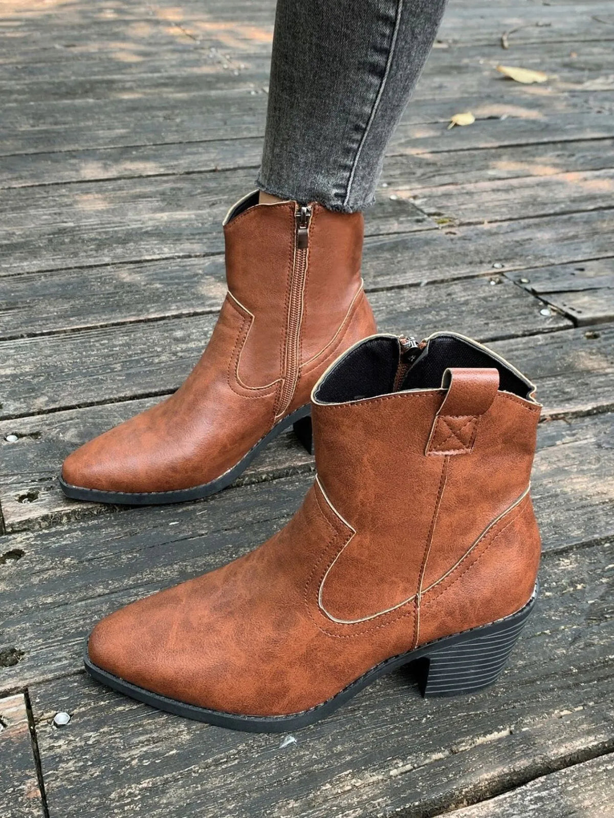 Point Toe Block Heel Boots pair styled together