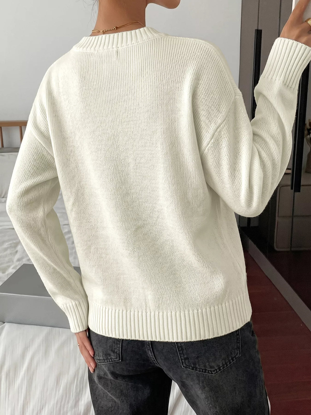 Bow Graphic Round Neck Sweater, view 5