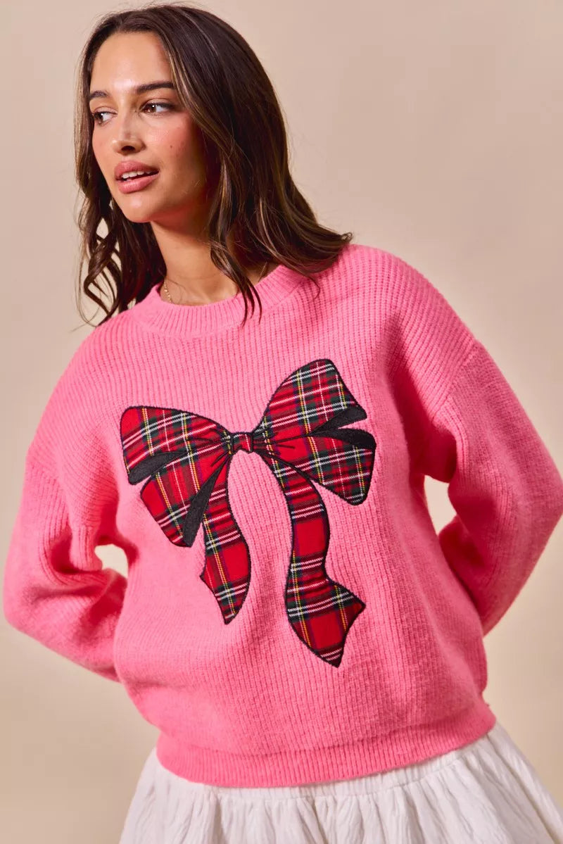Checker Plaid Ribbon Christmas Sweater in Pink