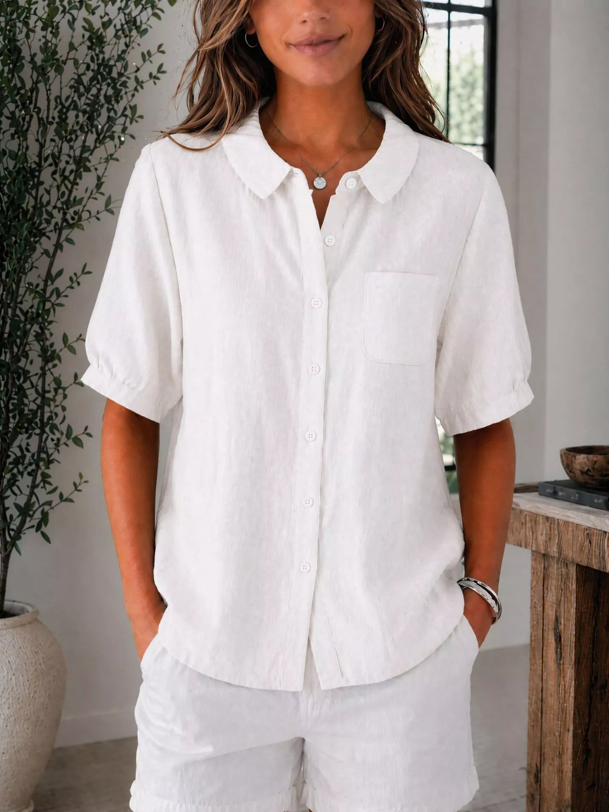 Close up of the collar and button placket