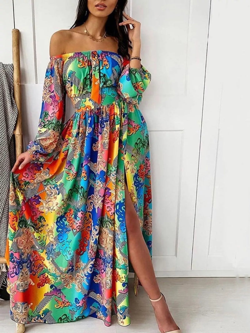 Printed off shoulder maxi dress with a leg slit shown on a model