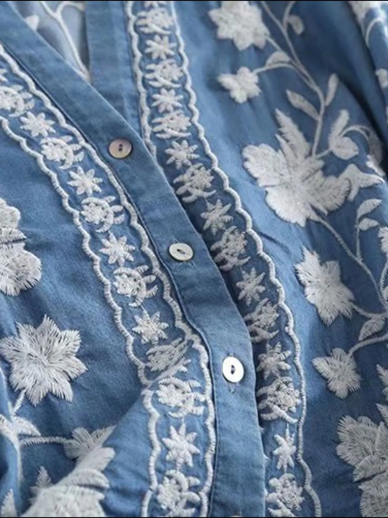 Floral Embroidered Button Up Denim Shirt - Fashorio
