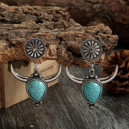 Artificial Turquoise Alloy Cow Head Earrings - Fashorio
